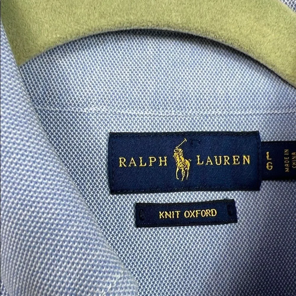 Ralph Lauren Boys Knit Oxford Pony Logo Blue Long Sleeve Button Down Shirt Large